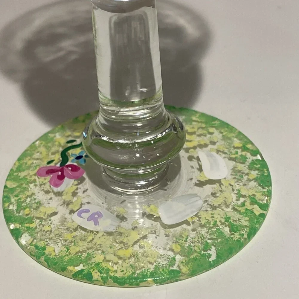 Art Glass Stemmed Goblets Wine or Water Glasses Hand Painted Flowers Signed 